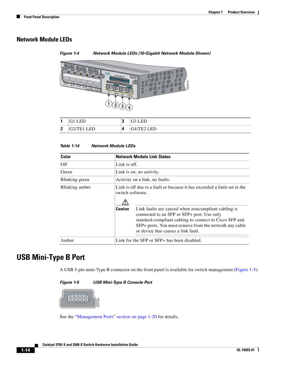 Cisco Systems 3750-X, 3560-X manual USB Mini-Type B Port, Network Module LEDs, G1 LED G3 LED G2/TE1 LED G4/TE2 LED 