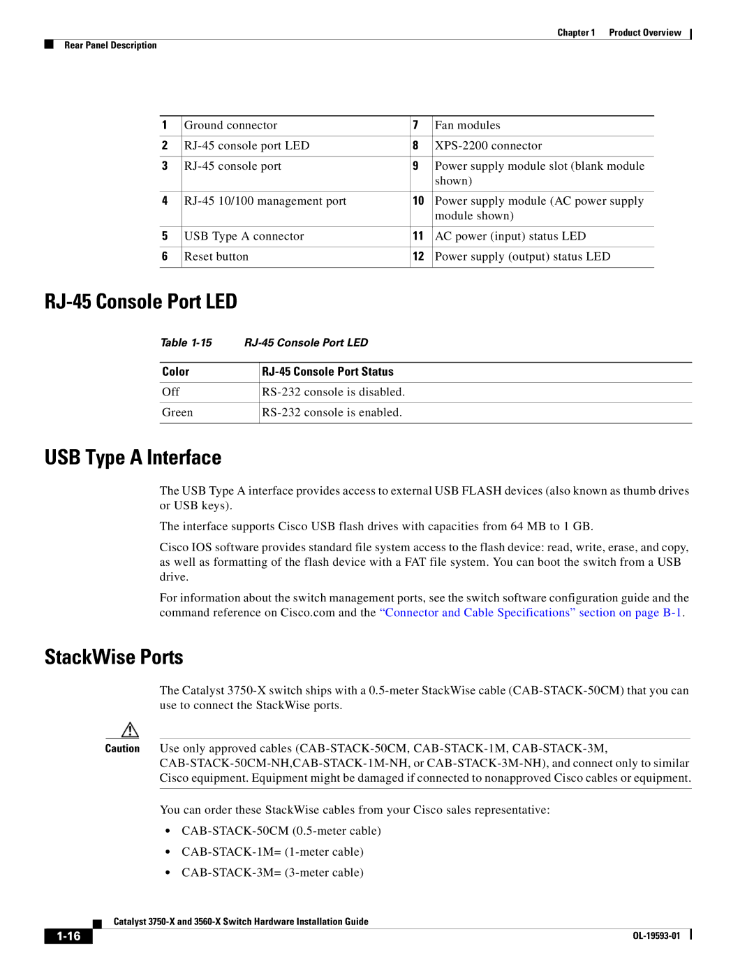 Cisco Systems 3750-X, 3560-X manual RJ-45 Console Port LED, USB Type a Interface, StackWise Ports, RJ-45 Console Port Status 