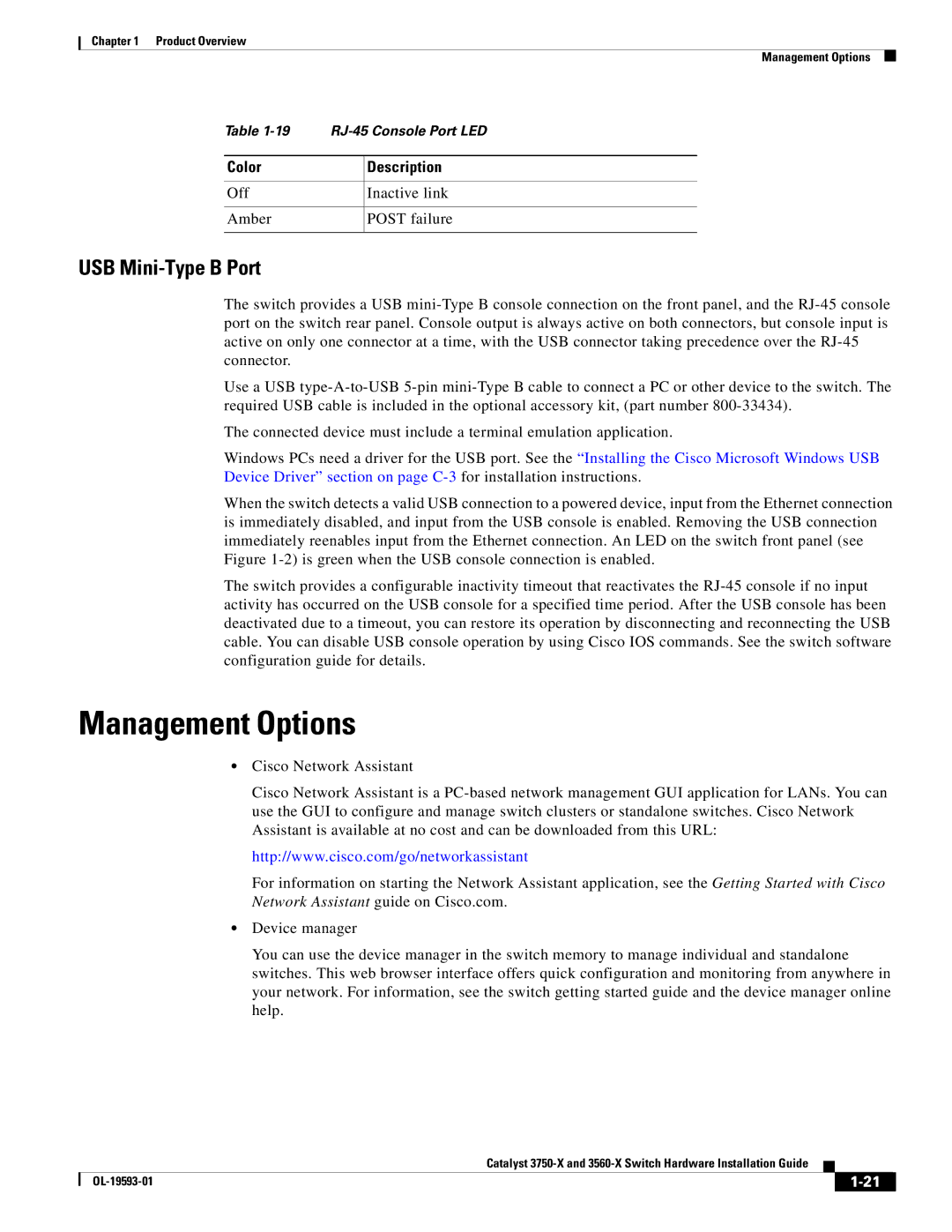 Cisco Systems 3560-X, 3750-X manual Management Options, USB Mini-Type B Port, Off Amber, Inactive link Post failure 