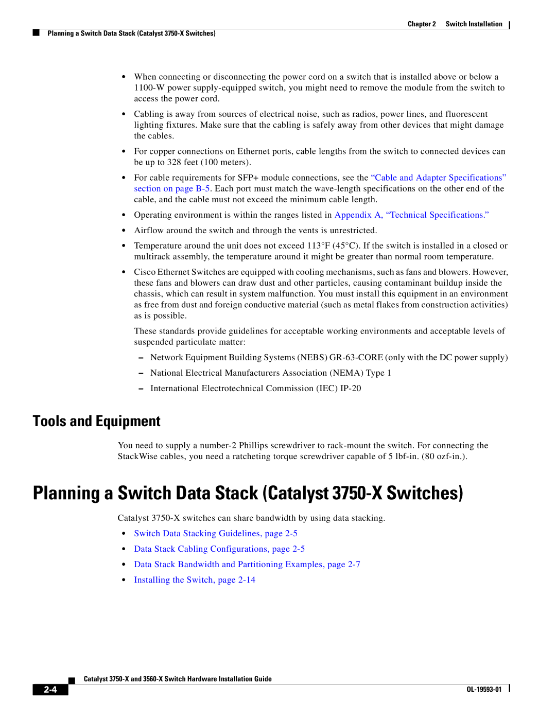 Cisco Systems 3560-X manual Planning a Switch Data Stack Catalyst 3750-X Switches, Tools and Equipment 