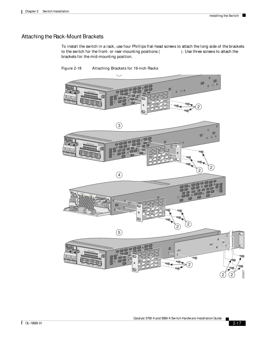 Cisco Systems 3560-X, 3750-X manual Attaching the Rack-Mount Brackets, Attaching Brackets for 19-inch Racks 