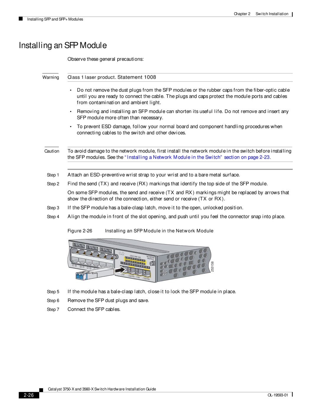 Cisco Systems 3750-X, 3560-X manual Installing an SFP Module in the Network Module 