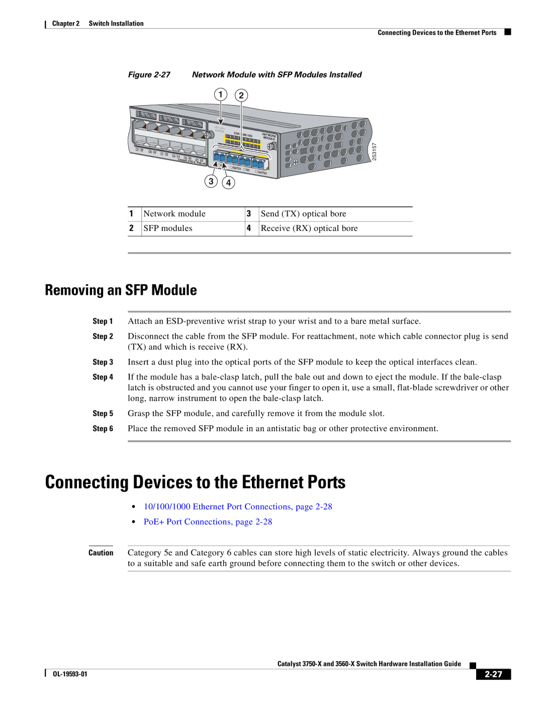 Cisco Systems 3560-X, 3750-X manual Connecting Devices to the Ethernet Ports, Removing an SFP Module 