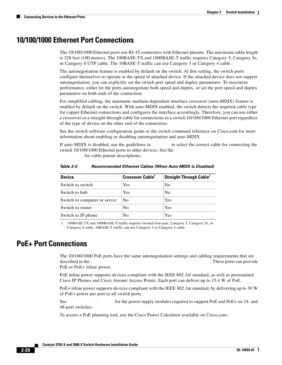 Cisco Systems 3750-X, 3560-X manual 10/100/1000 Ethernet Port Connections, PoE+ Port Connections, Device Crossover Cable 