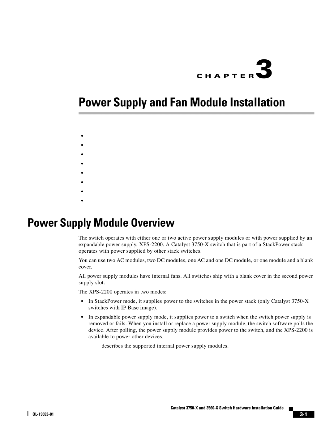 Cisco Systems 3560-X, 3750-X manual Power Supply and Fan Module Installation, Power Supply Module Overview 