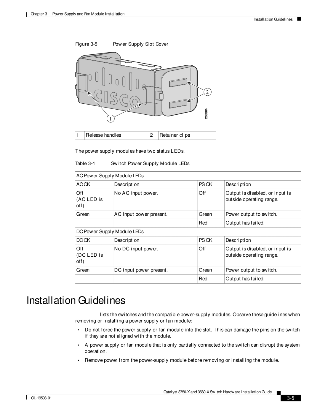 Cisco Systems 3560-X, 3750-X manual Installation Guidelines, Release handles Retainer clips, AC Power Supply Module LEDs 