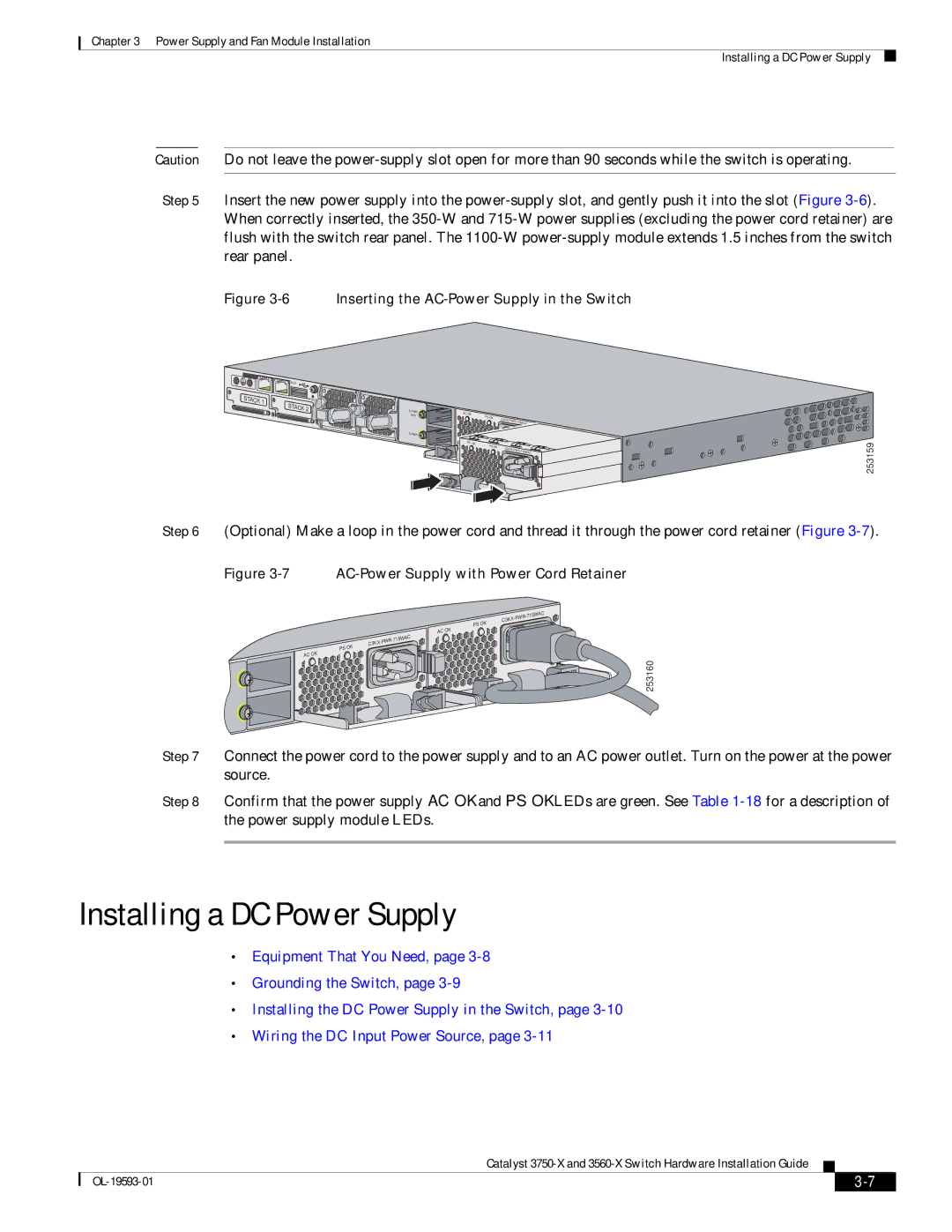 Cisco Systems 3560-X, 3750-X manual Installing a DC Power Supply, Inserting the AC-Power Supply in the Switch 