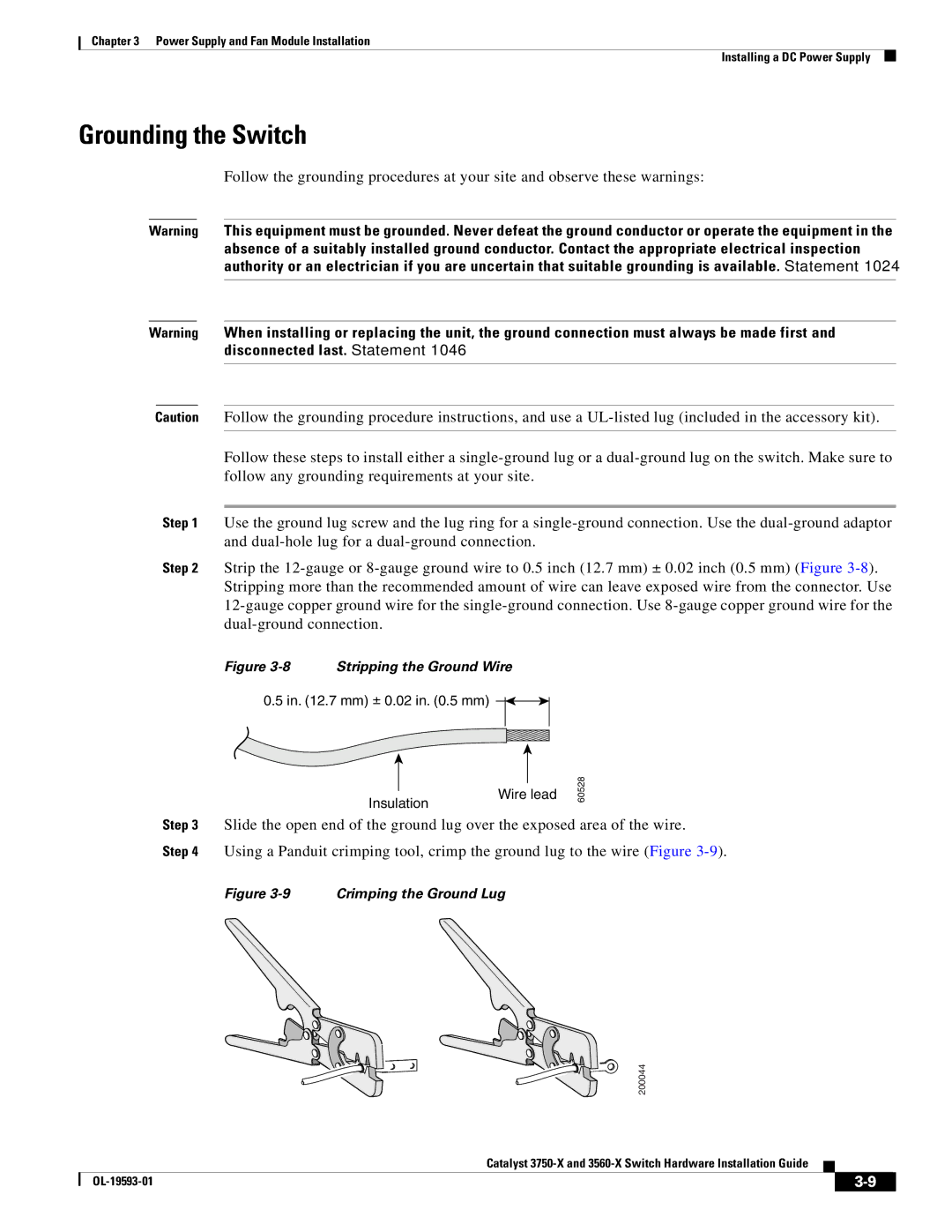 Cisco Systems 3560-X, 3750-X manual Grounding the Switch, Stripping the Ground Wire 