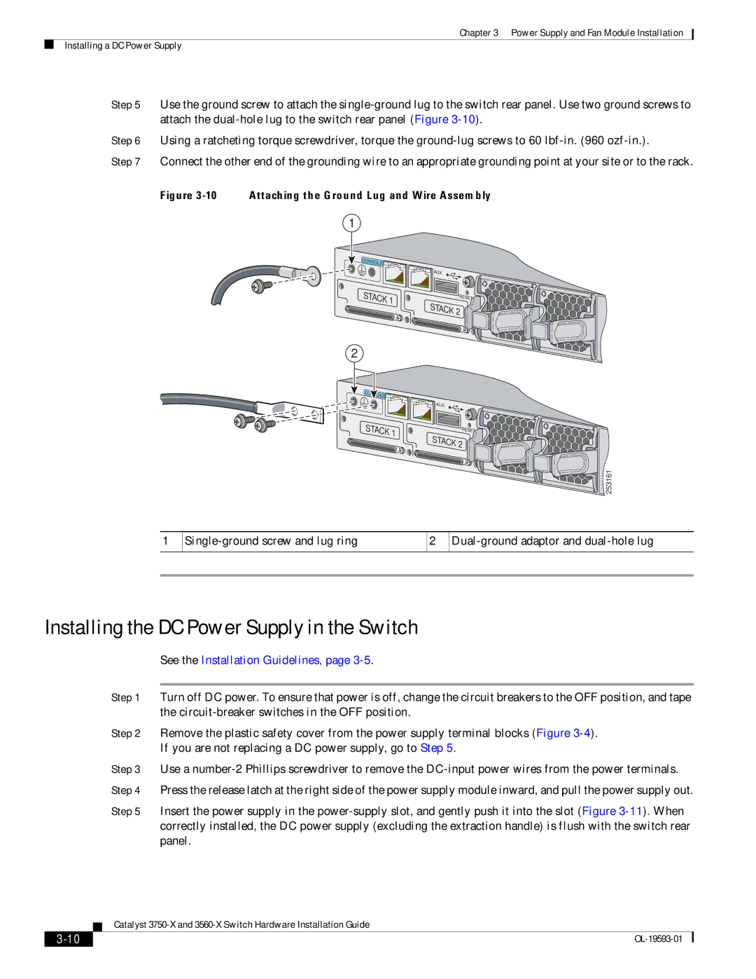 Cisco Systems 3750-X, 3560-X manual Installing the DC Power Supply in the Switch, See the Installation Guidelines 