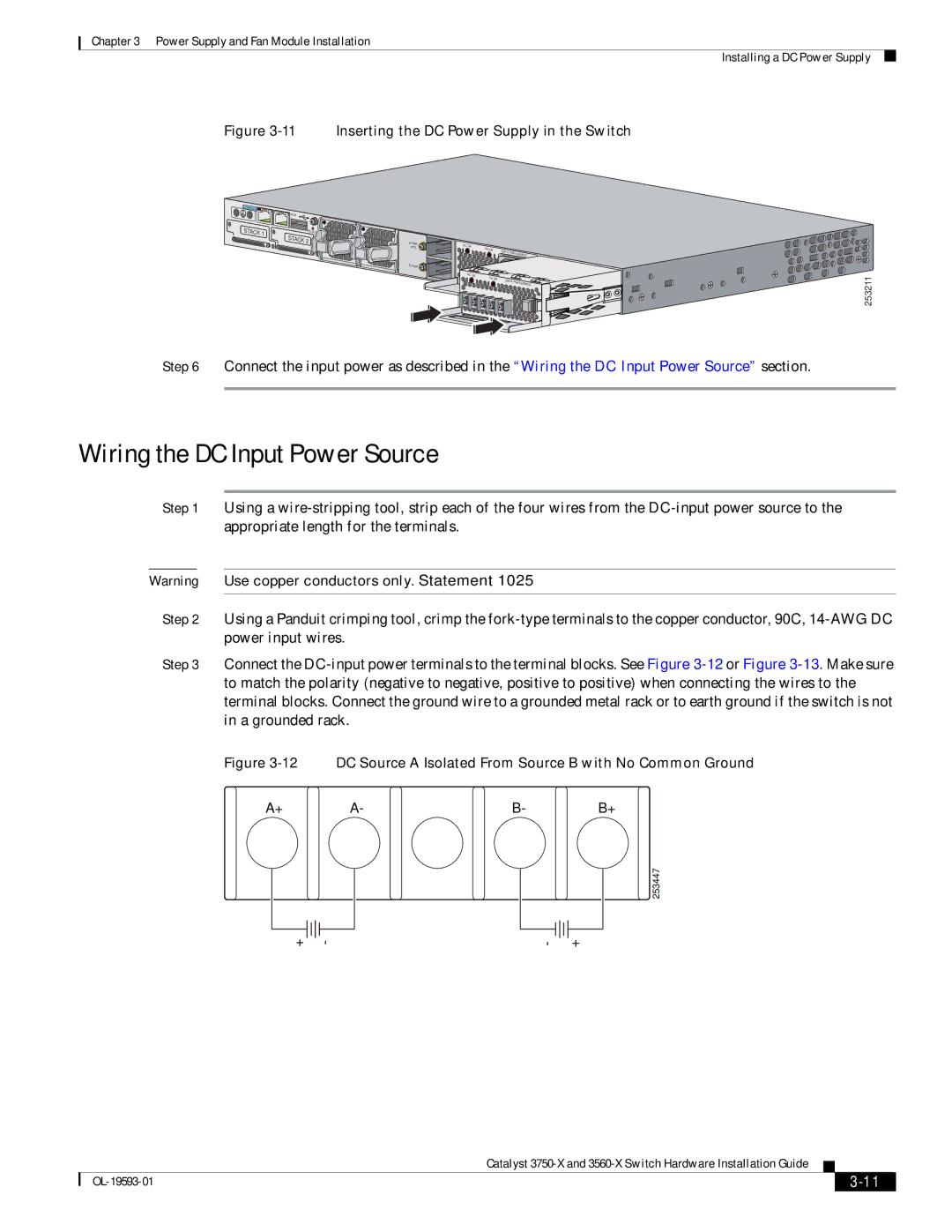 Cisco Systems 3560-X, 3750-X manual Wiring the DC Input Power Source, Inserting the DC Power Supply in the Switch 