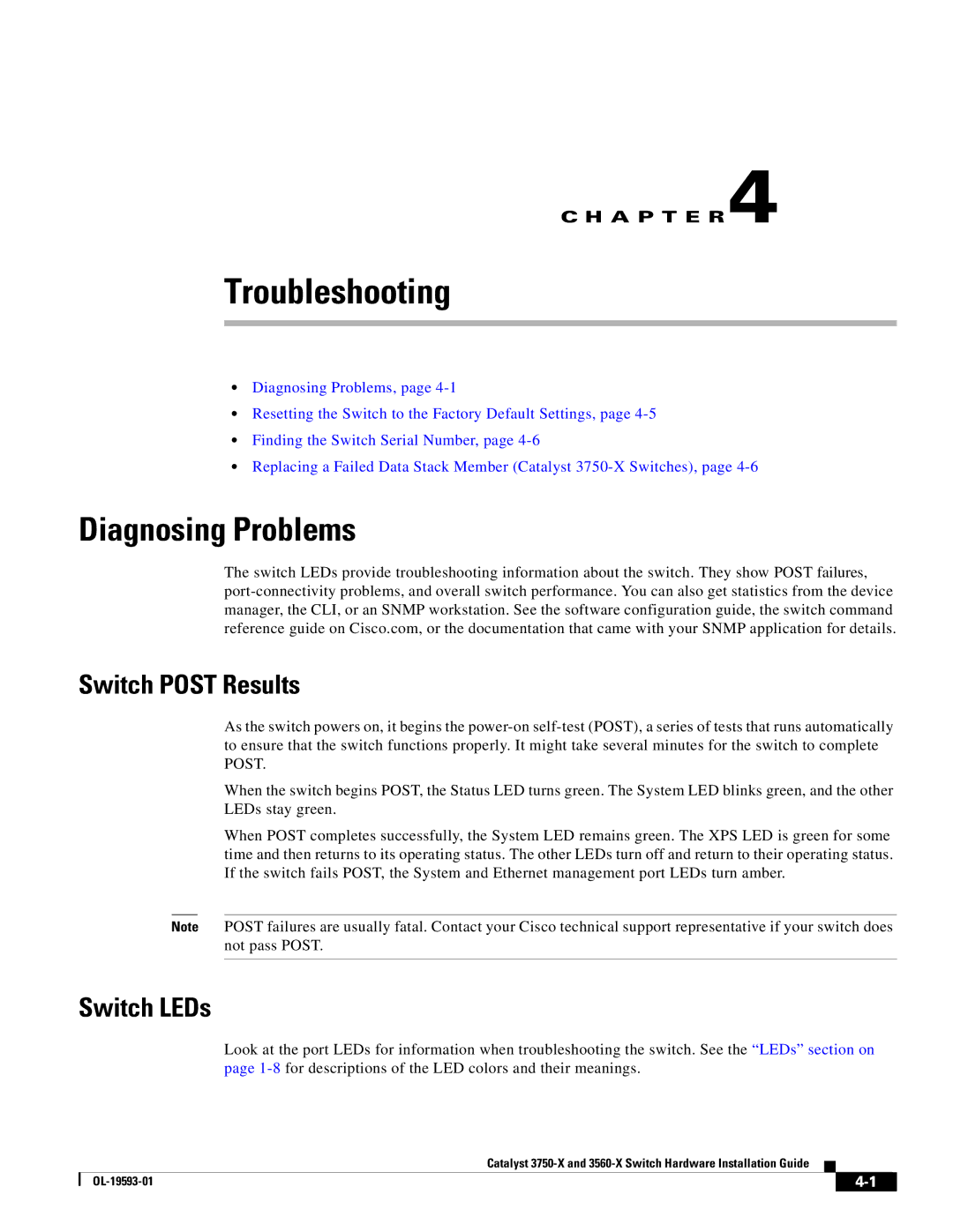 Cisco Systems 3560-X, 3750-X manual Diagnosing Problems, Switch Post Results, Switch LEDs 