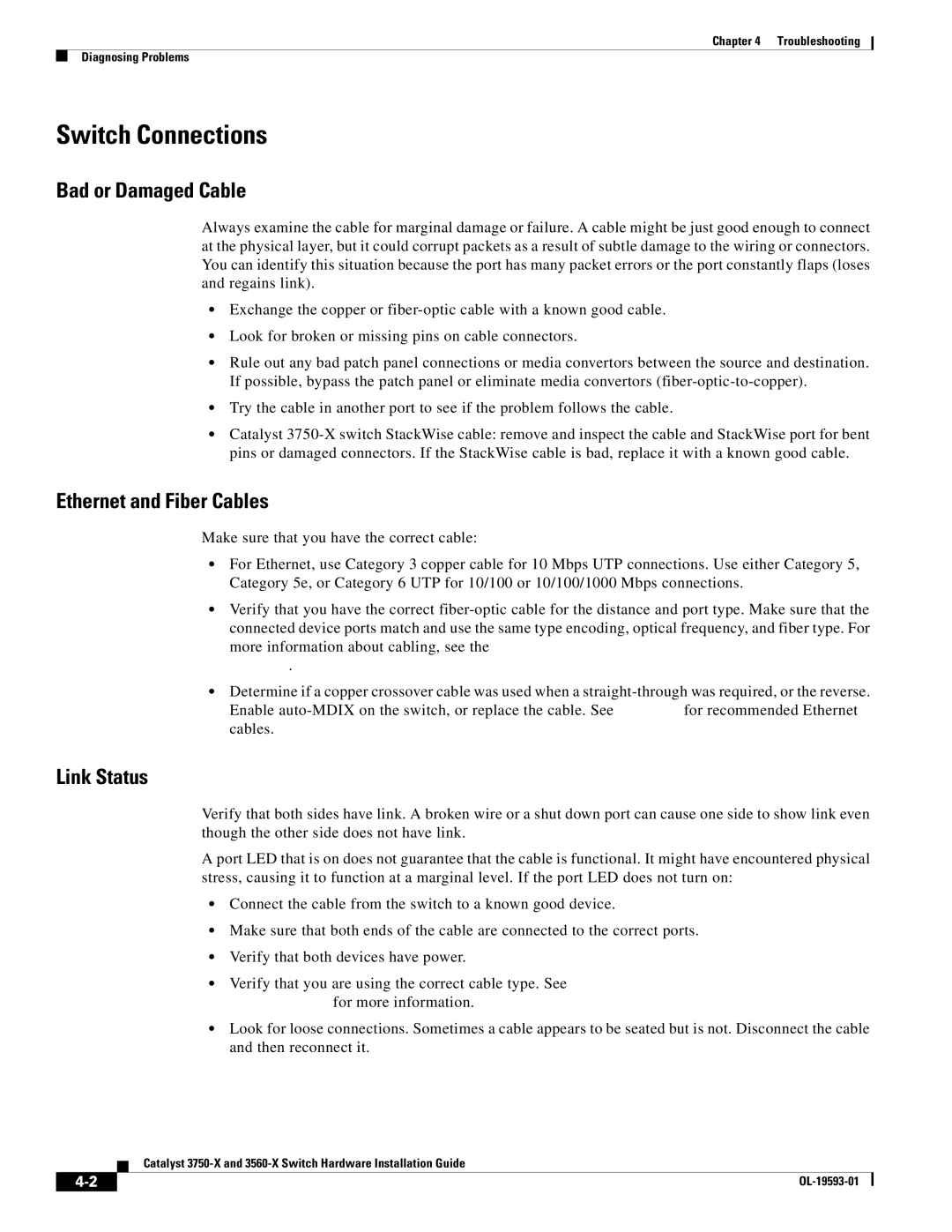 Cisco Systems 3750-X, 3560-X manual Switch Connections, Bad or Damaged Cable, Ethernet and Fiber Cables, Link Status 