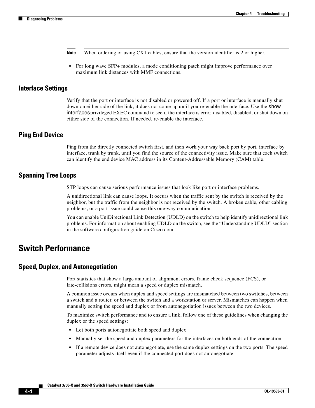 Cisco Systems 3750-X, 3560-X manual Switch Performance, Interface Settings, Ping End Device, Spanning Tree Loops 