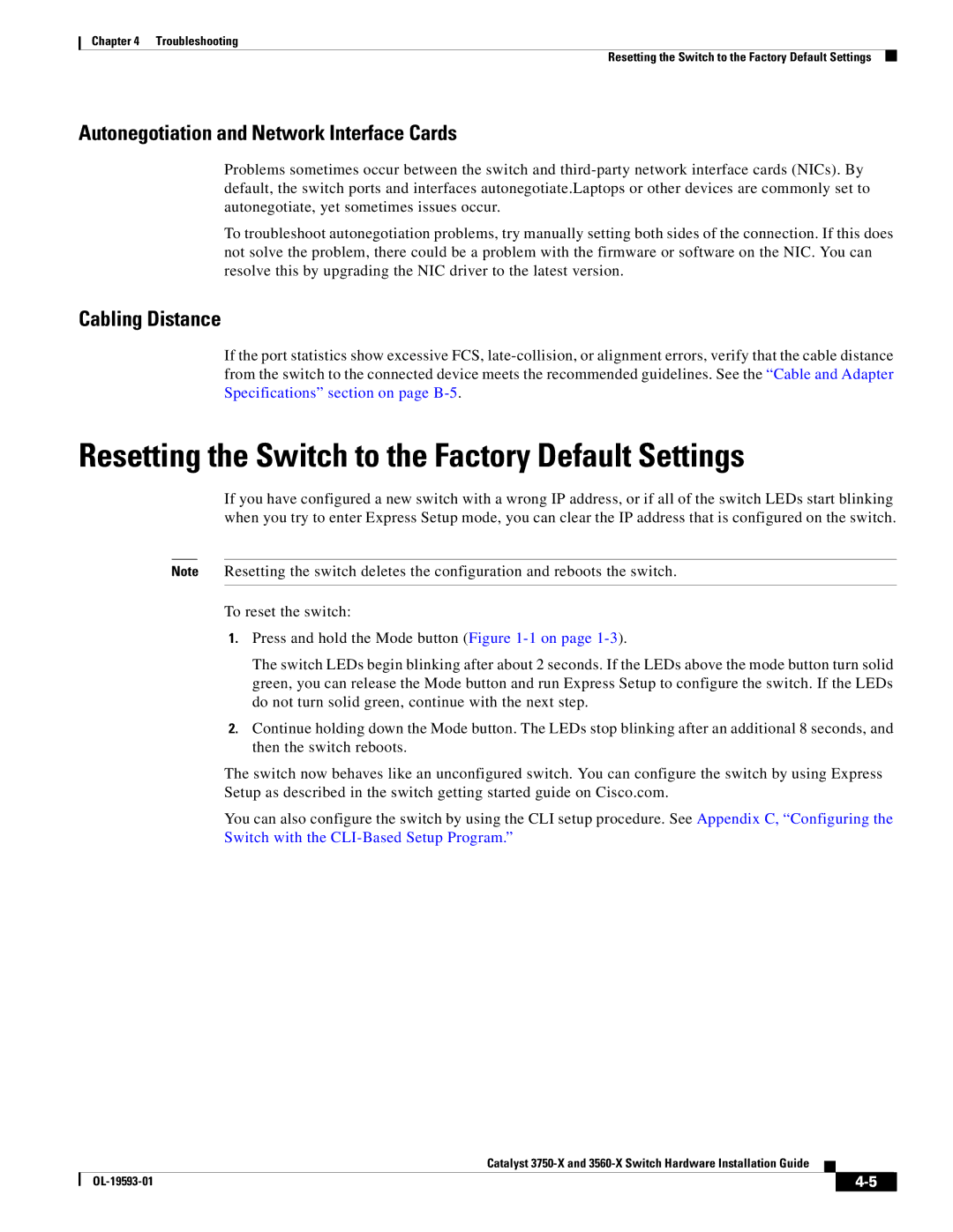 Cisco Systems 3560-X Resetting the Switch to the Factory Default Settings, Autonegotiation and Network Interface Cards 