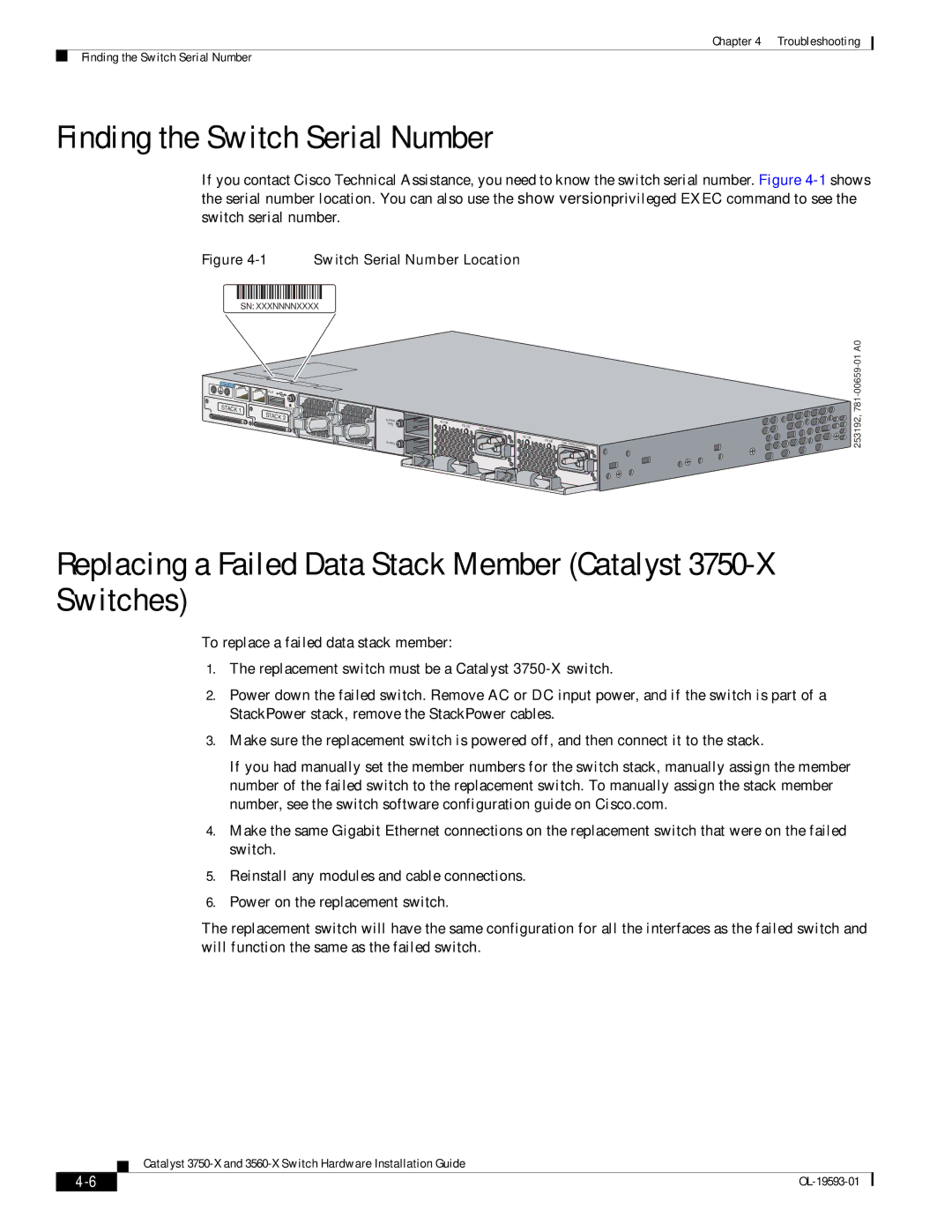 Cisco Systems 3750-X, 3560-X manual Finding the Switch Serial Number, Switch Serial Number Location 