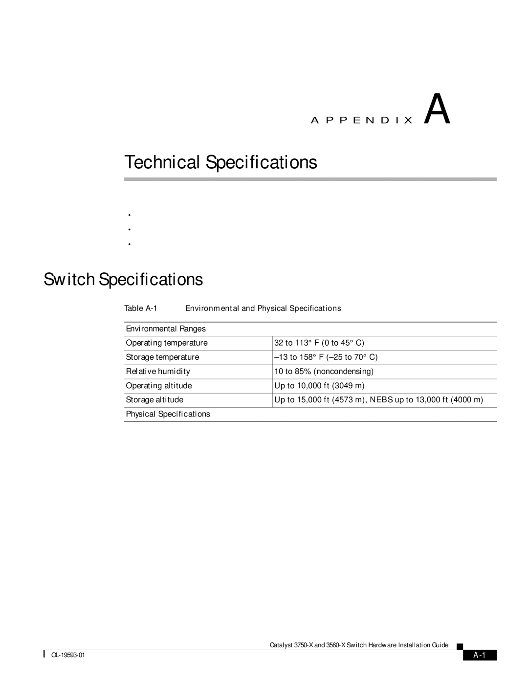 Cisco Systems 3560-X, 3750-X manual Switch Specifications, Environmental Ranges, Physical Specifications 