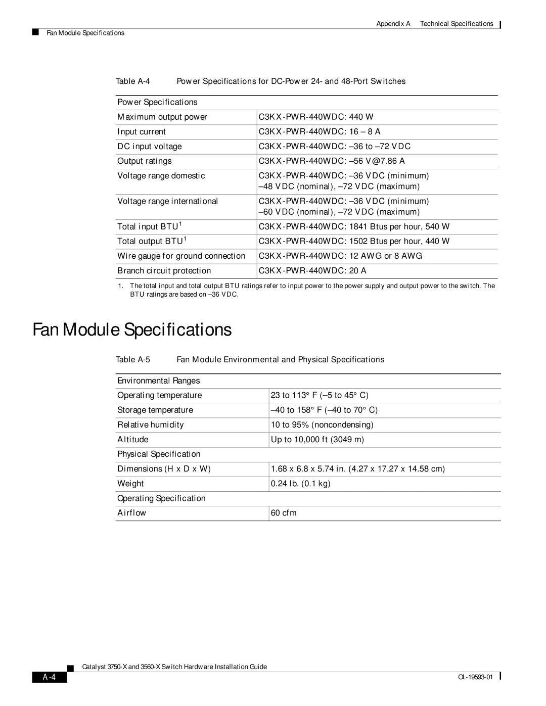 Cisco Systems 3750-X, 3560-X Fan Module Specifications, Physical Specification, Operating Specification, Airflow 60 cfm 