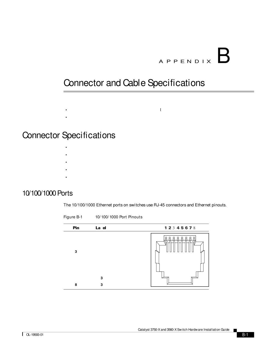 Cisco Systems 3560-X, 3750-X manual Connector Specifications, 10/100/1000 Ports 