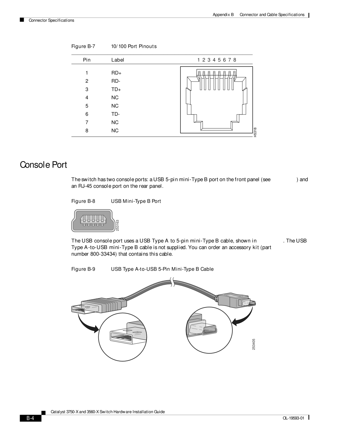 Cisco Systems 3750-X, 3560-X manual Console Port, Figure B-7 10/100 Port Pinouts 