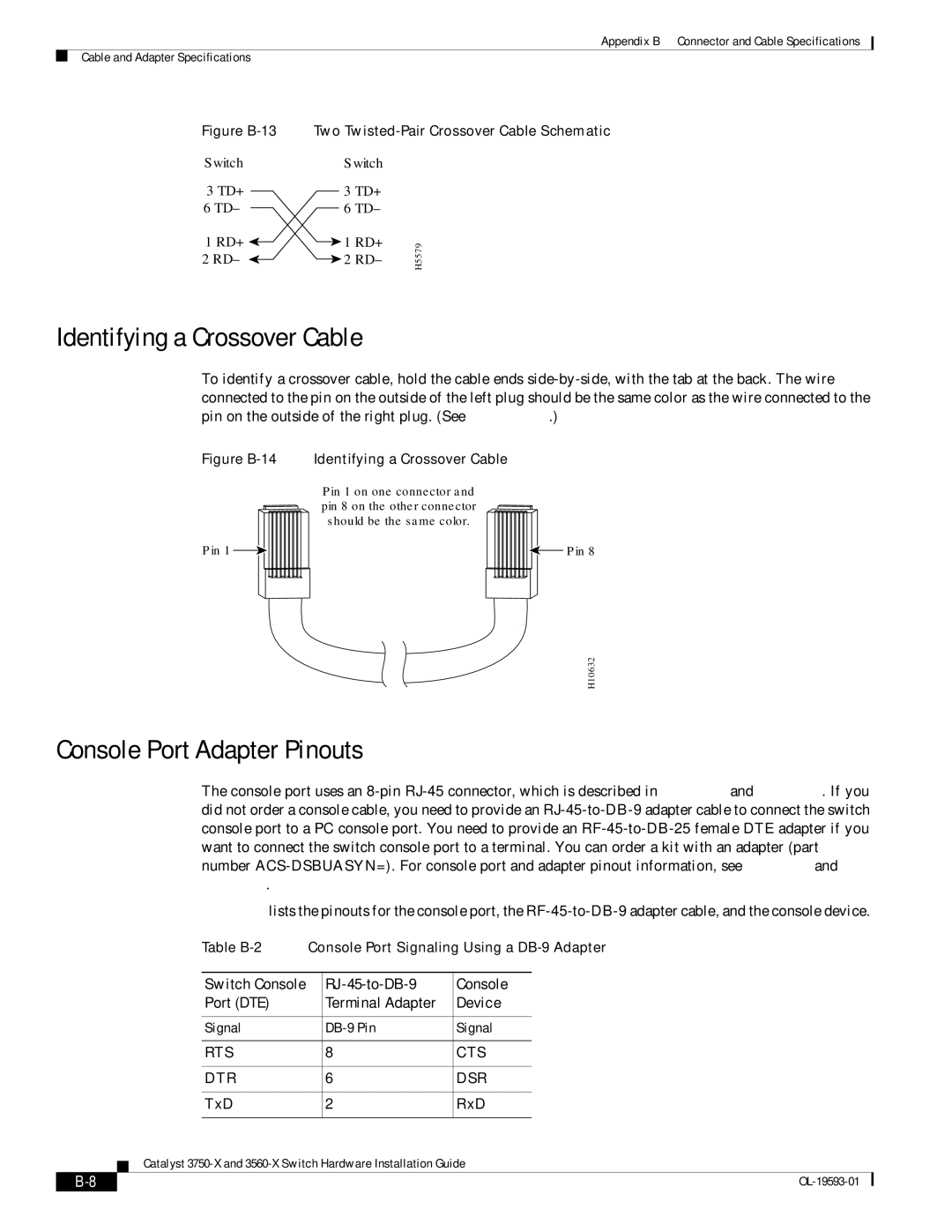 Cisco Systems 3750-X Identifying a Crossover Cable, Console Port Adapter Pinouts, Switch Console RJ-45-to-DB-9 Port DTE 