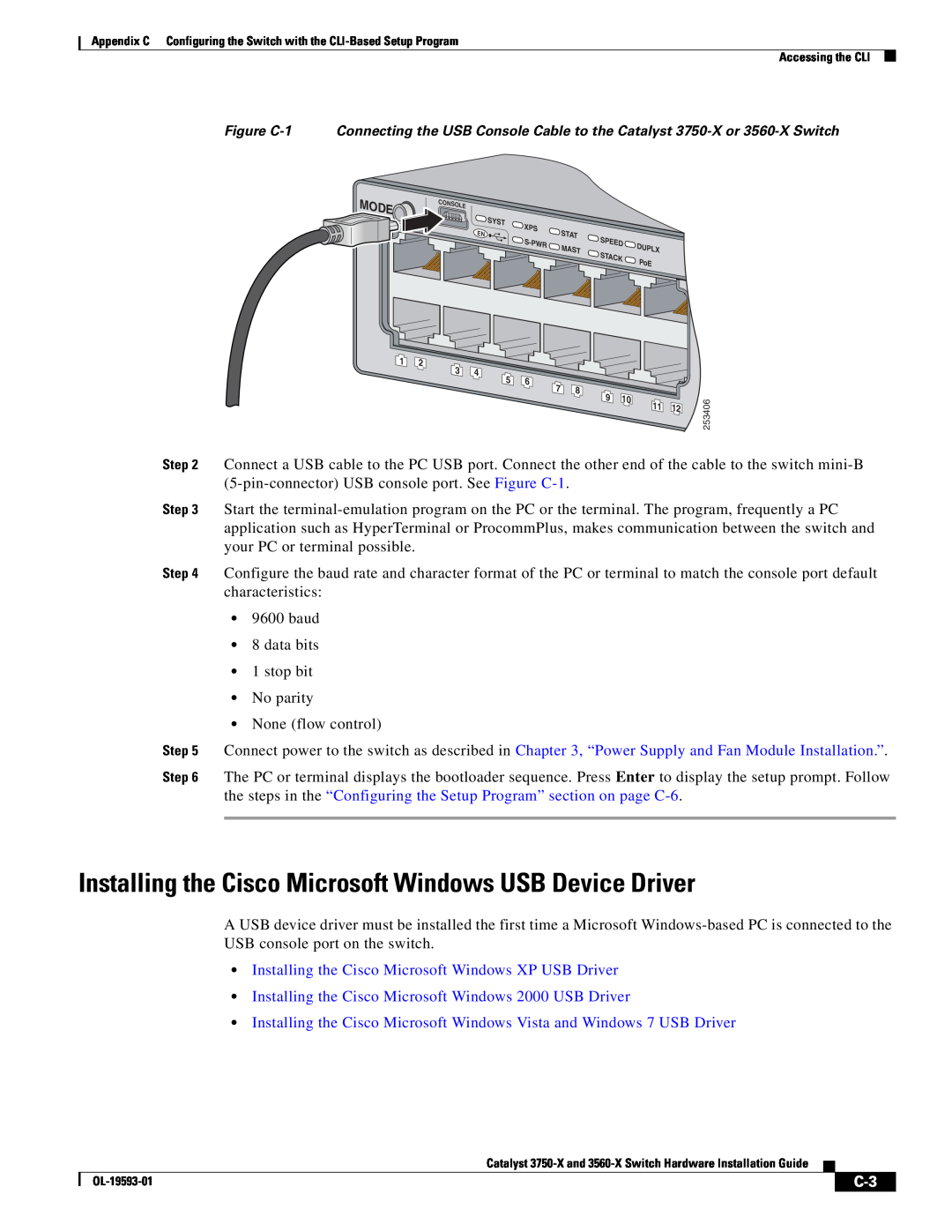 Cisco Systems 3560-X, 3750-X manual Installing the Cisco Microsoft Windows USB Device Driver, Mode 