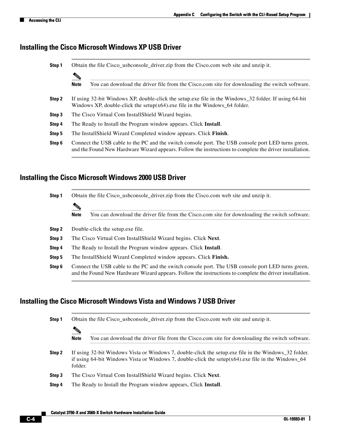 Cisco Systems 3750-X, 3560-X manual Installing the Cisco Microsoft Windows XP USB Driver 