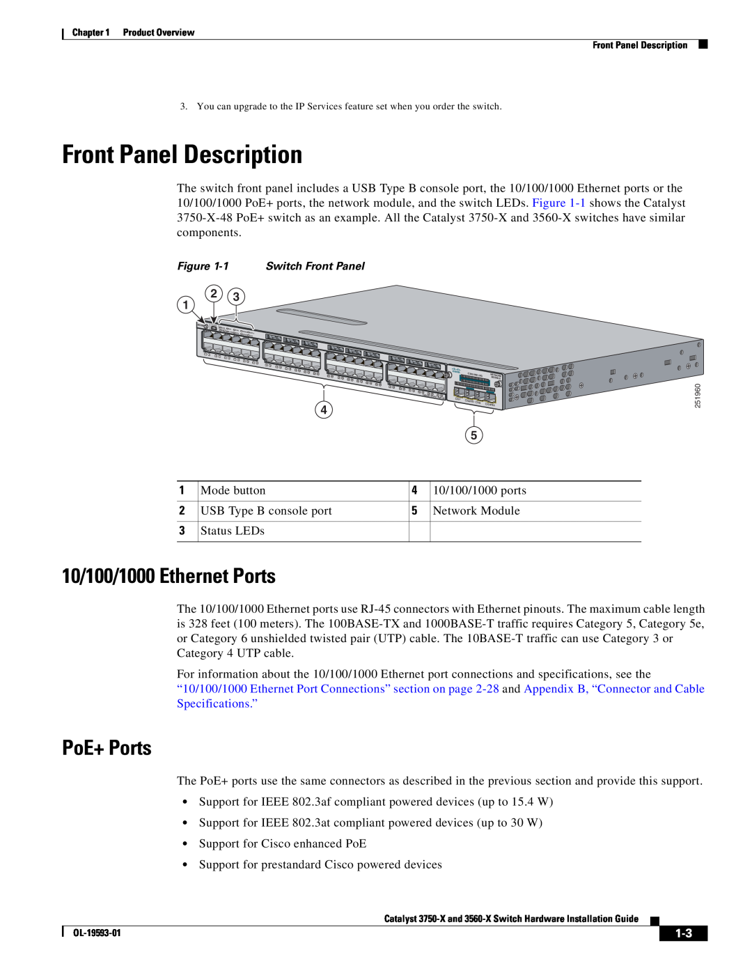 Cisco Systems 3560-X, 3750-X manual Front Panel Description, 10/100/1000 Ethernet Ports, PoE+ Ports 