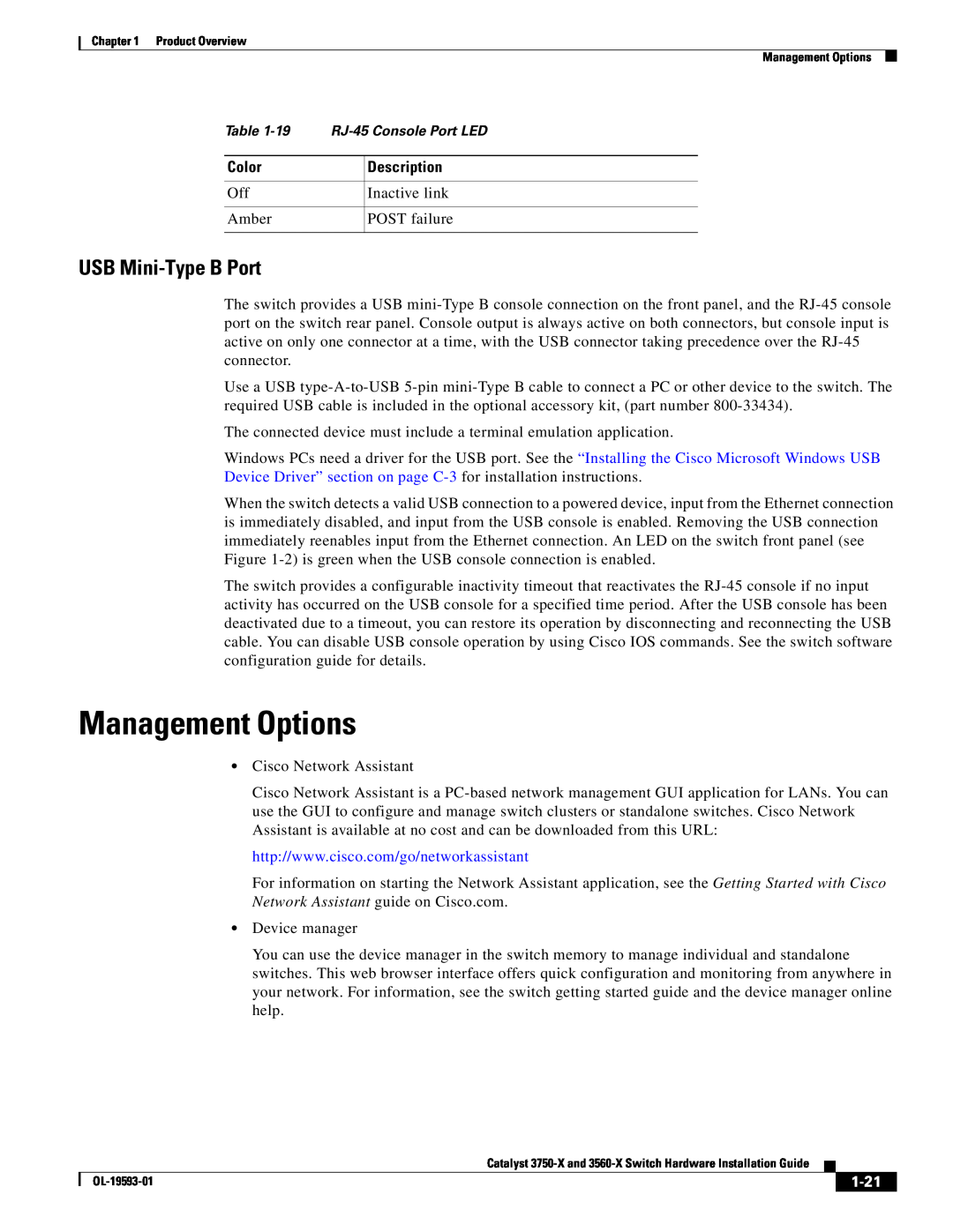 Cisco Systems 3560-X, 3750-X manual Management Options, USB Mini-Type B Port, 1-21 