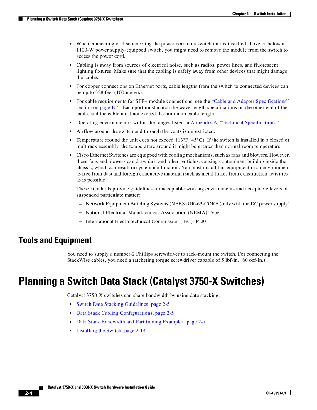Cisco Systems Planning a Switch Data Stack Catalyst 3750-X Switches, Tools and Equipment, Installing the Switch, page 