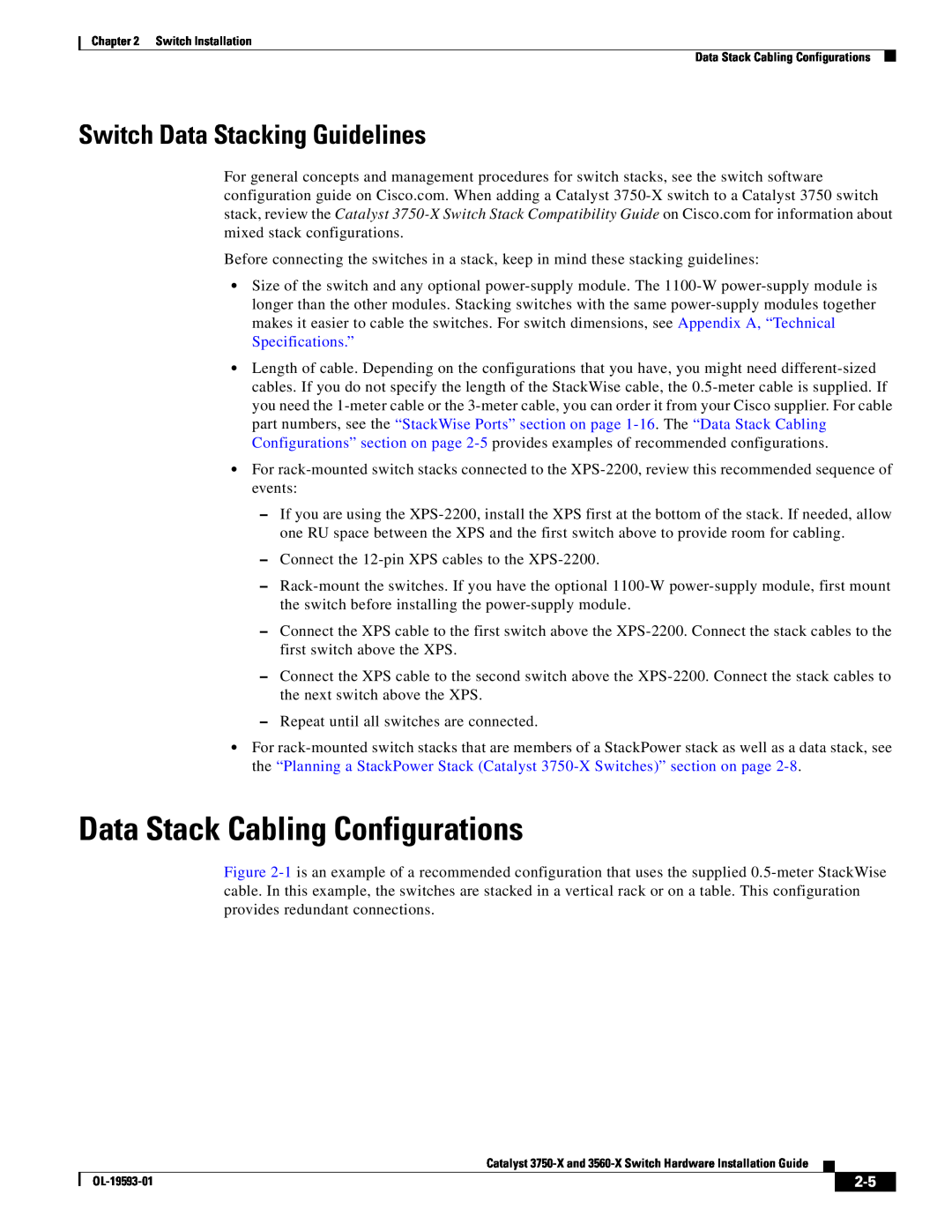 Cisco Systems 3560-X, 3750-X manual Data Stack Cabling Configurations, Switch Data Stacking Guidelines 