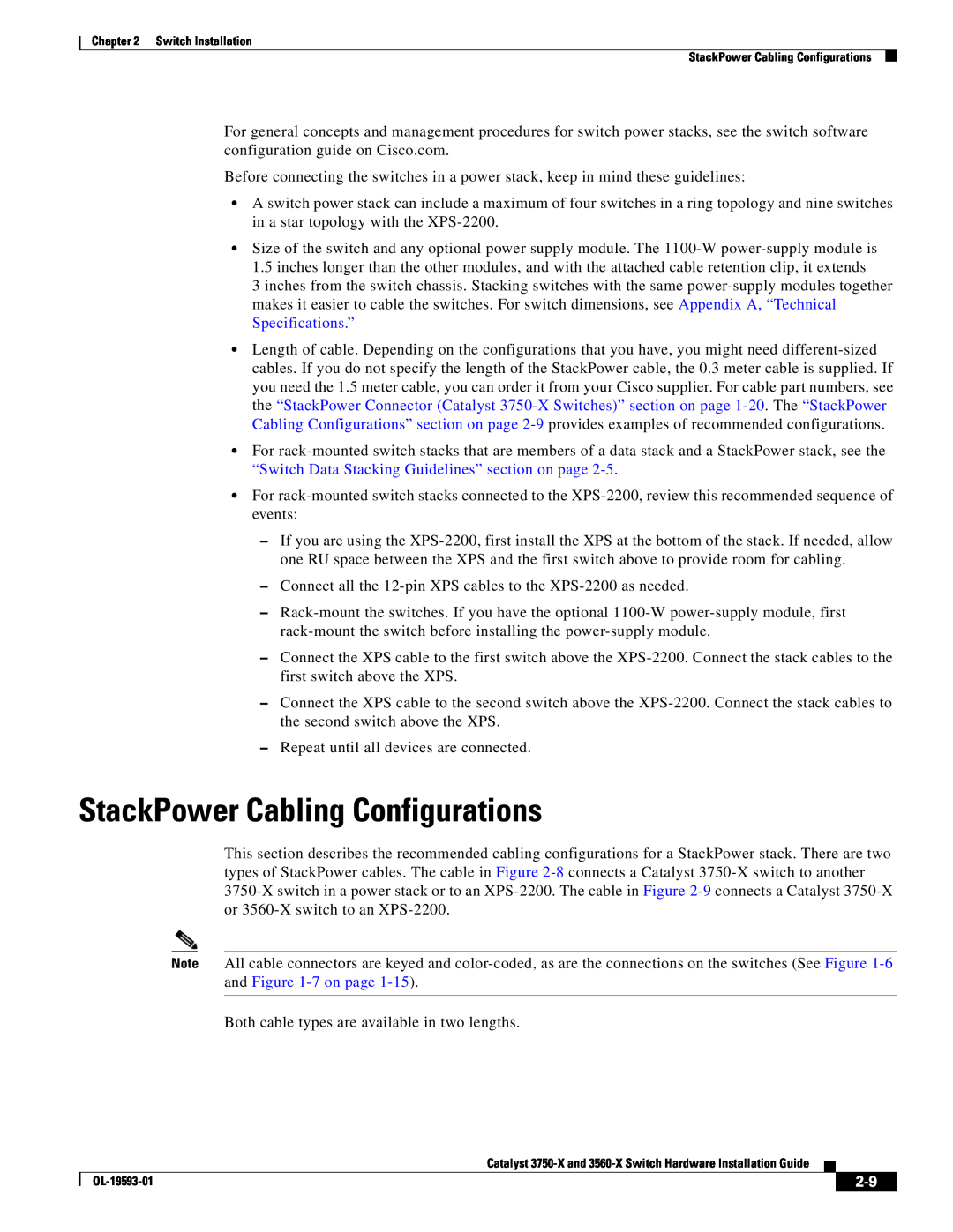 Cisco Systems 3560-X, 3750-X manual StackPower Cabling Configurations 