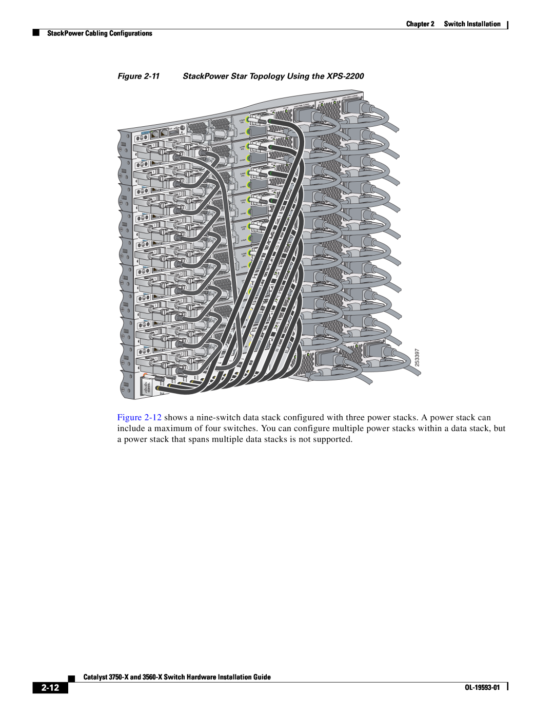 Cisco Systems 3750-X, 3560-X manual 2-12, StackPower Cabling Configurations, 253397, OL-19593-01 