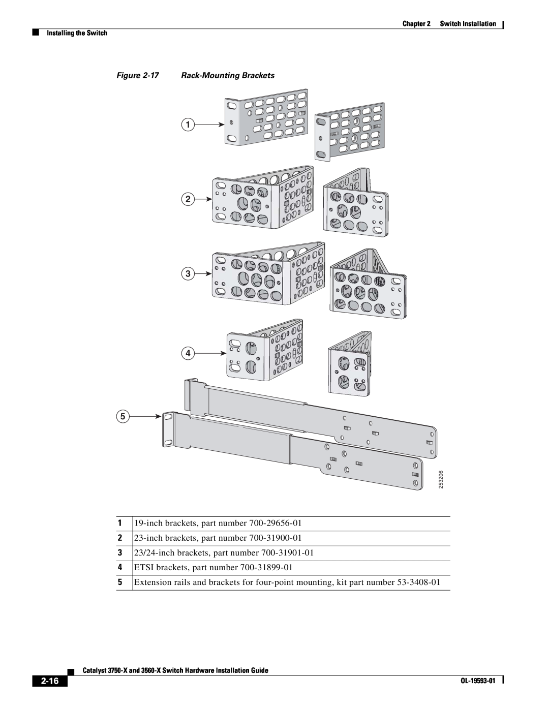 Cisco Systems 3750-X manual 2-16, 17 Rack-Mounting Brackets, Switch Installation Installing the Switch, 253206, OL-19593-01 