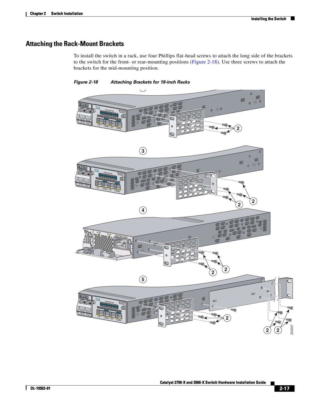 Cisco Systems 3560-X, 3750-X manual Attaching the Rack-Mount Brackets, 2-17, 18 Attaching Brackets for 19-inch Racks 