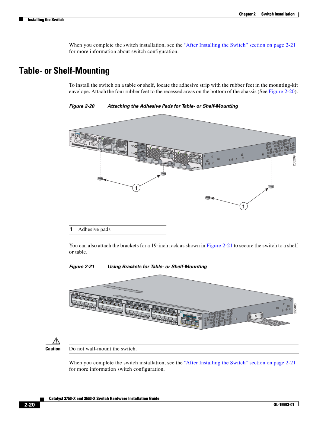 Cisco Systems 3750-X, 3560-X manual 2-20, 20 Attaching the Adhesive Pads for Table- or Shelf-Mounting 