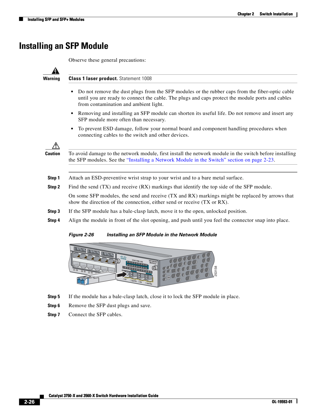 Cisco Systems 3750-X, 3560-X manual Installing an SFP Module, 2-26, Warning Class 1 laser product. Statement 