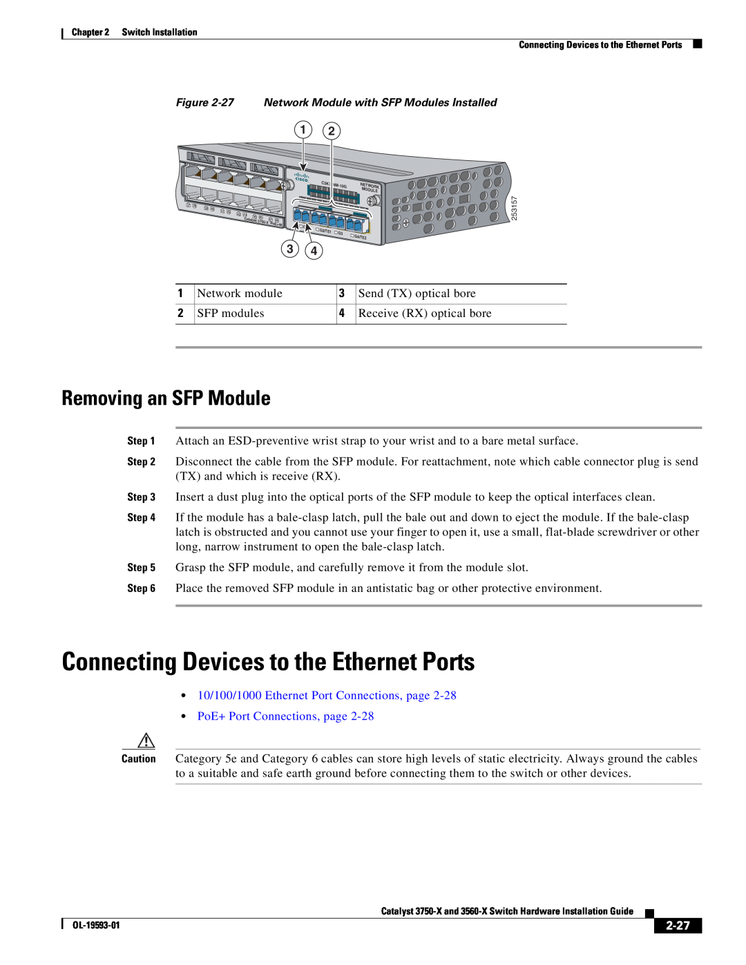 Cisco Systems 3560-X Connecting Devices to the Ethernet Ports, Removing an SFP Module, PoE+ Port Connections, page, 2-27 