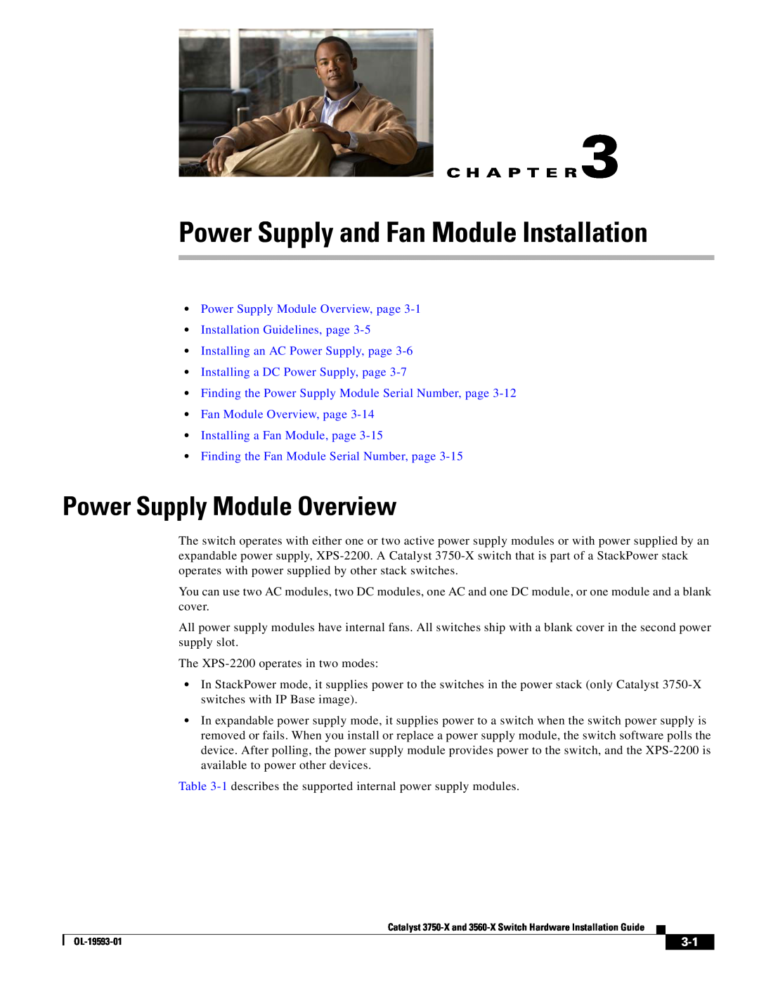 Cisco Systems 3560-X, 3750-X manual Power Supply and Fan Module Installation, Power Supply Module Overview, C H A P T E R 