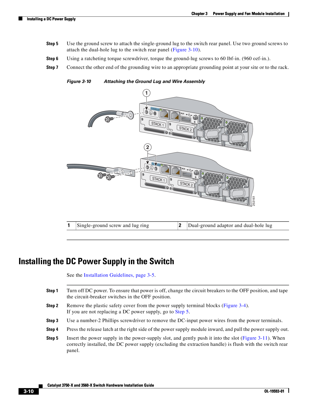 Cisco Systems 3750-X, 3560-X Installing the DC Power Supply in the Switch, See the Installation Guidelines, page, 3-10 