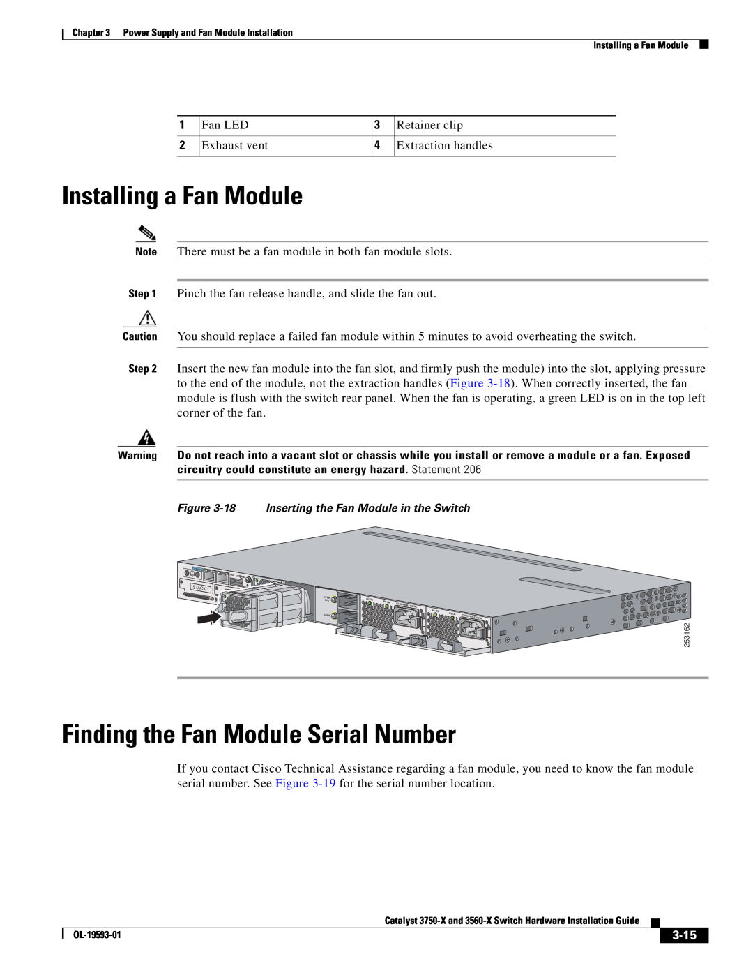 Cisco Systems 3560-X, 3750-X manual Installing a Fan Module, Finding the Fan Module Serial Number, 3-15 