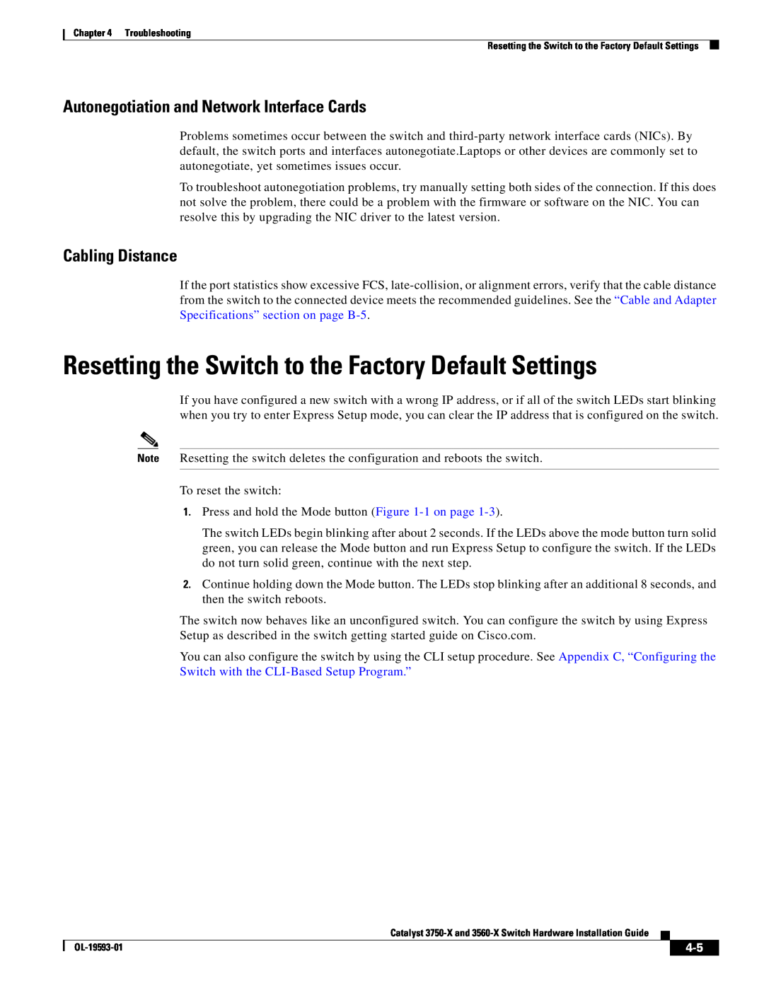 Cisco Systems 3560-X Resetting the Switch to the Factory Default Settings, Autonegotiation and Network Interface Cards 