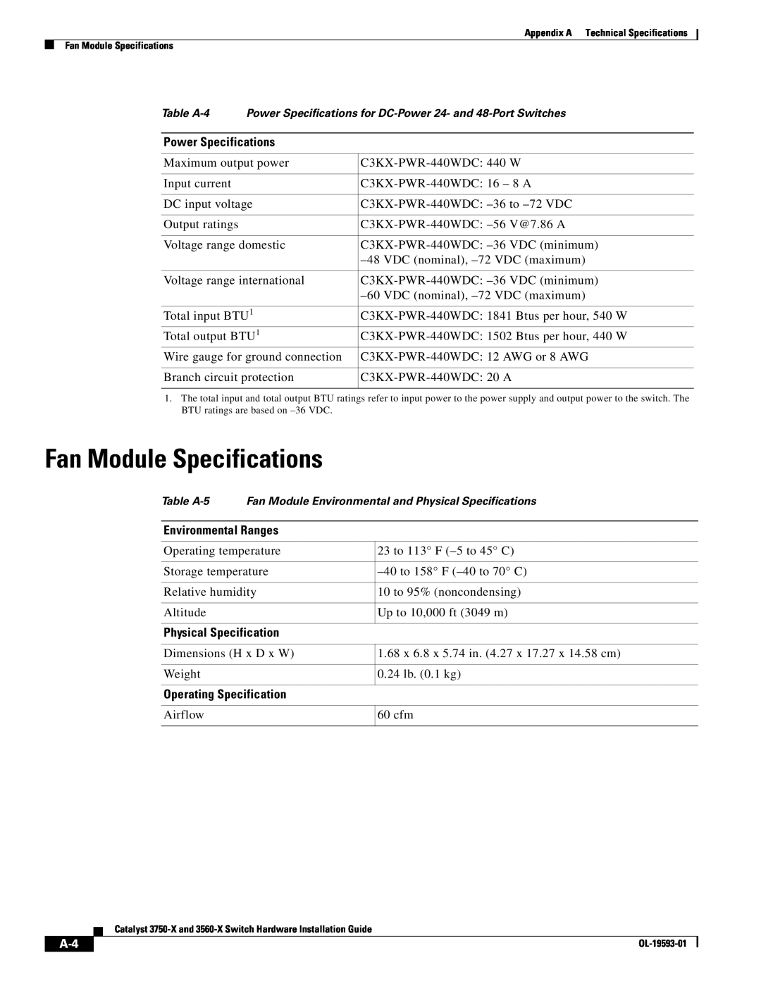 Cisco Systems 3750-X, 3560-X manual Fan Module Specifications 