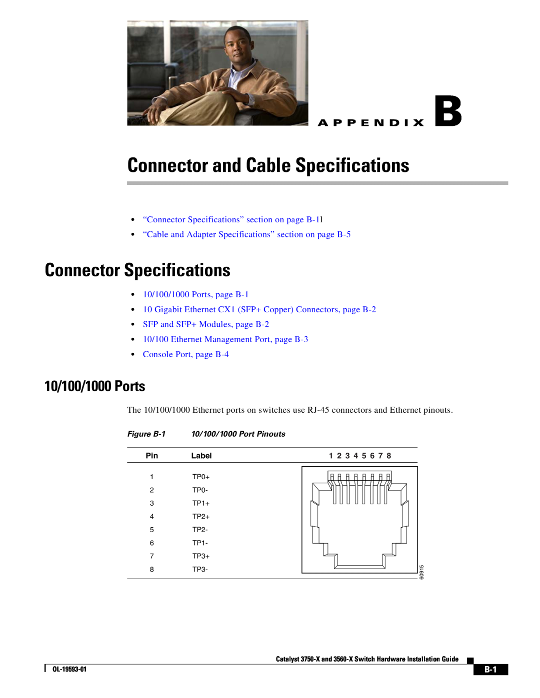 Cisco Systems 3560-X Connector and Cable Specifications, Connector Specifications, 10/100/1000 Ports, A P P E N D I X B 