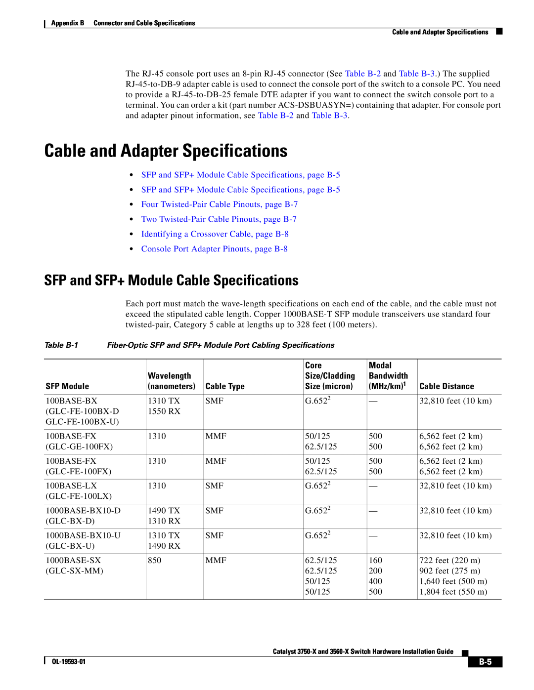 Cisco Systems 3560-X, 3750-X manual Cable and Adapter Specifications, SFP and SFP+ Module Cable Specifications 