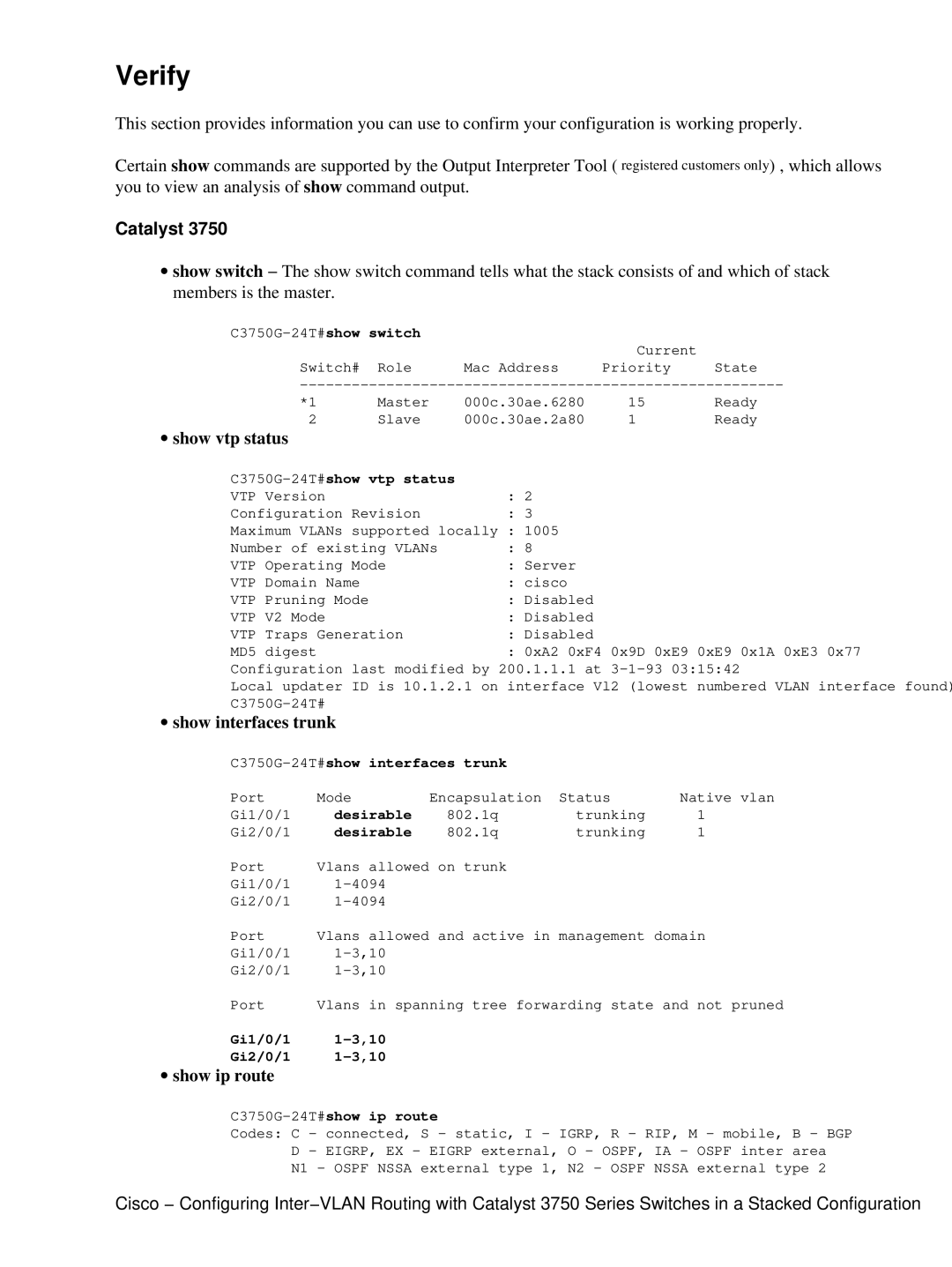 Cisco Systems 3750 manual Verify, ∙ show vtp status, ∙ show interfaces trunk, ∙ show ip route 