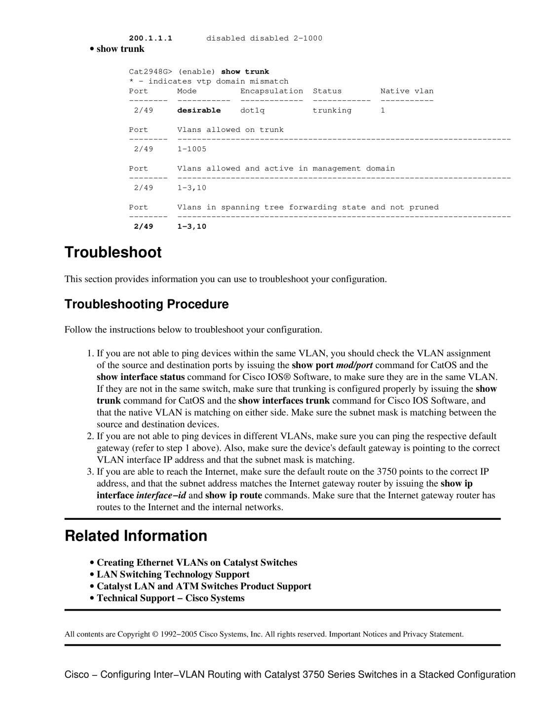 Cisco Systems 3750 manual Related Information, Troubleshooting Procedure, ∙ show trunk 