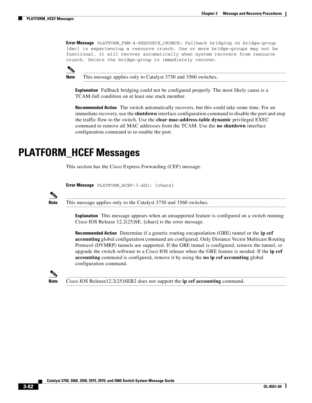 Cisco Systems 3750 manual Platformhcef Messages, This section has the Cisco Express Forwarding CEF message 