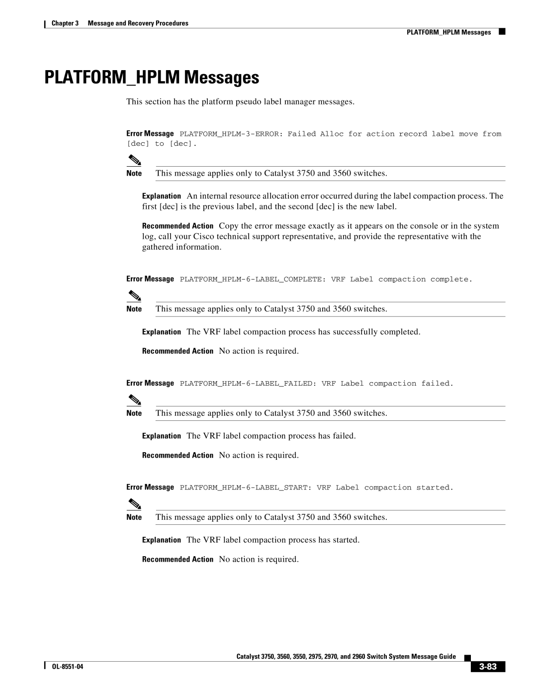 Cisco Systems 3750 manual Platformhplm Messages, This section has the platform pseudo label manager messages 