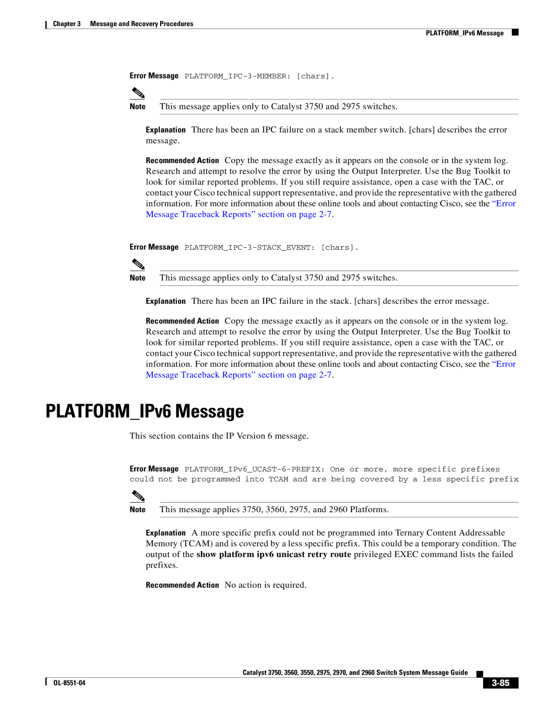 Cisco Systems 3750 manual PLATFORMIPv6 Message, This section contains the IP Version 6 message 