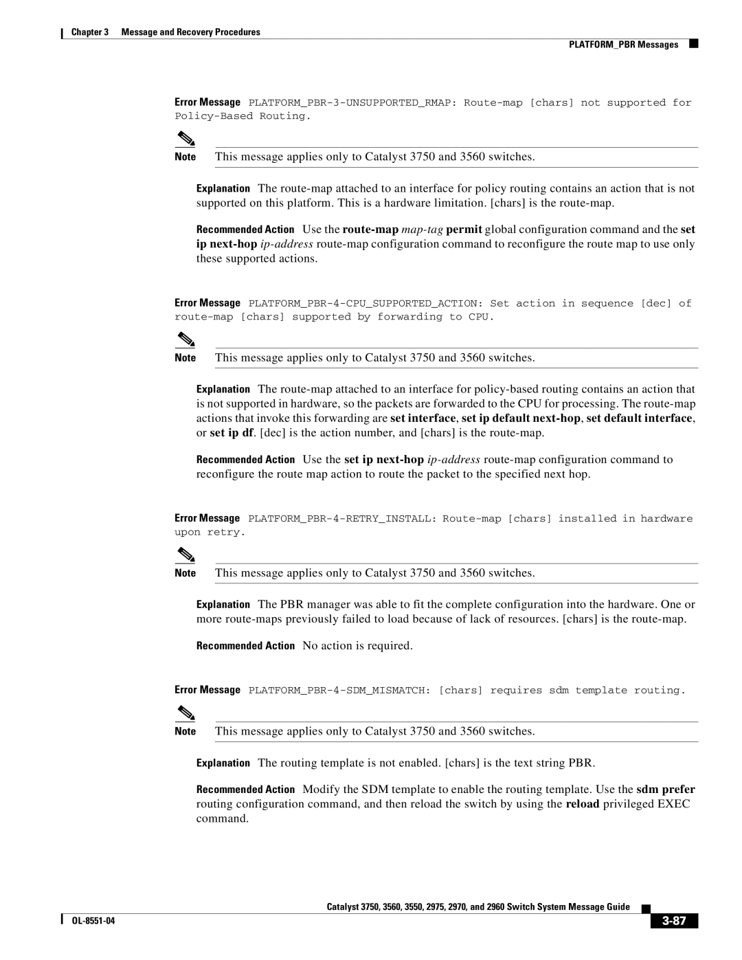 Cisco Systems 3750 manual Message and Recovery Procedures Platformpbr Messages 